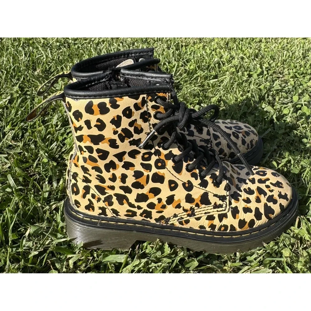 Dr. Martens 1460 J Boots Kids Size 2 Beige Leopard Combat Zip Leather Girls Boys